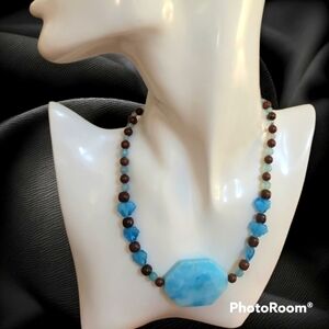 HANDCRAFTED Icy Blue Quartz Rosewood and Czech Glass Leaf Beaded Chunky Necklace